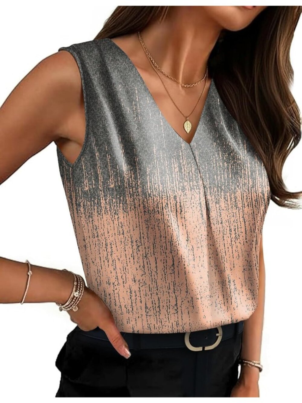 Women's Grey Powder Sleeveless V Neck Silk Satin Blouses Pull On Casual Tank Top